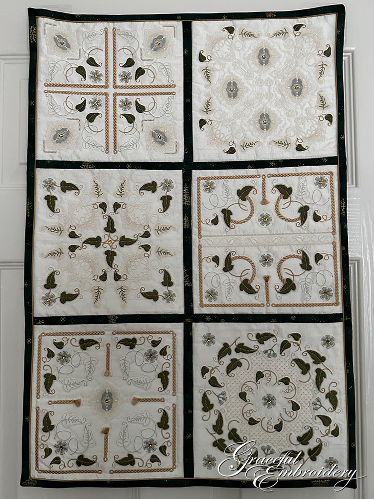 the machine embroidered graceful ivy quilt block wall hanging